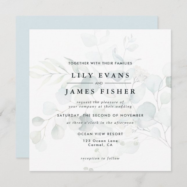 Blue Green Eucalyptus Foliage Bouquet Wedding Dark Invitation (Front/Back)