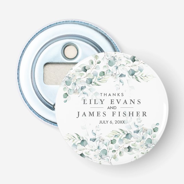Blue Green Eucalyptus Leaves Wedding Favour  Bottle Opener (Front)