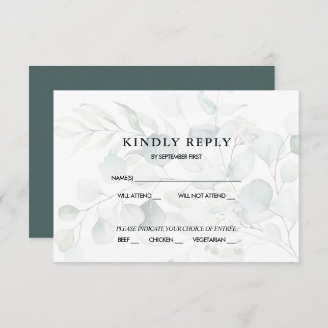Blue Green Eucalyptus Wedding RSVP Response Dark I Invitation (Front/Back)