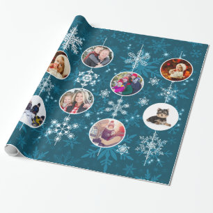 Blue Green Family Photos Teal Snowflake Design Wrapping Paper