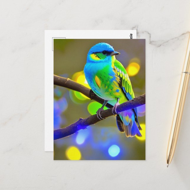Blue Green Fantasy Bird On a Branch  Postcard (Front/Back In Situ)