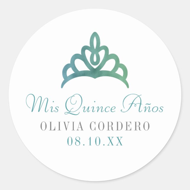 Blue Green Faux Foil Tiara Quinceañera Classic Round Sticker (Front)