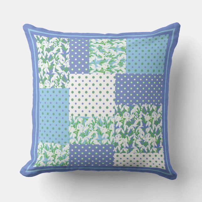 Blue Green Faux Patchwork Snowdrops and Polkas Throw Pillow (Front)