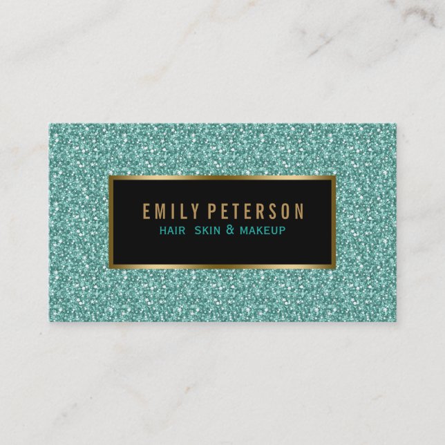 Blue-Green Fax Glitter With Black And Gold Accents Business Card (Front)
