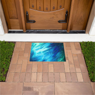 Blue Green Feather Abstract Doormat