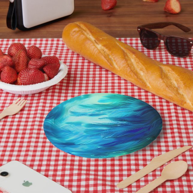 Blue Green Feather Abstract Paper Plate (Picnic)
