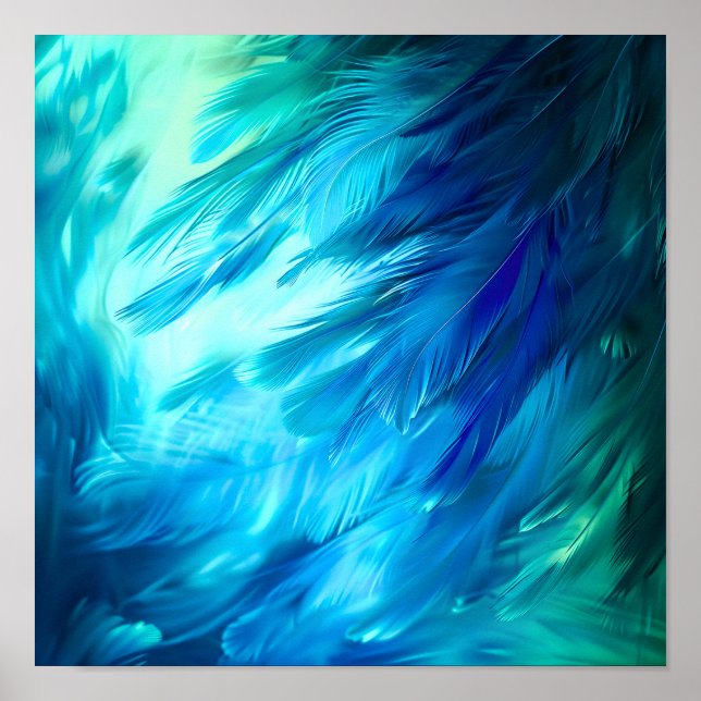 Blue Green Feather Abstract Poster (Front)