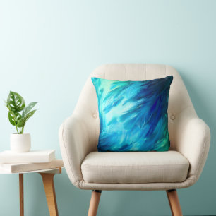 Blue Green Feather Abstract Throw Pillow