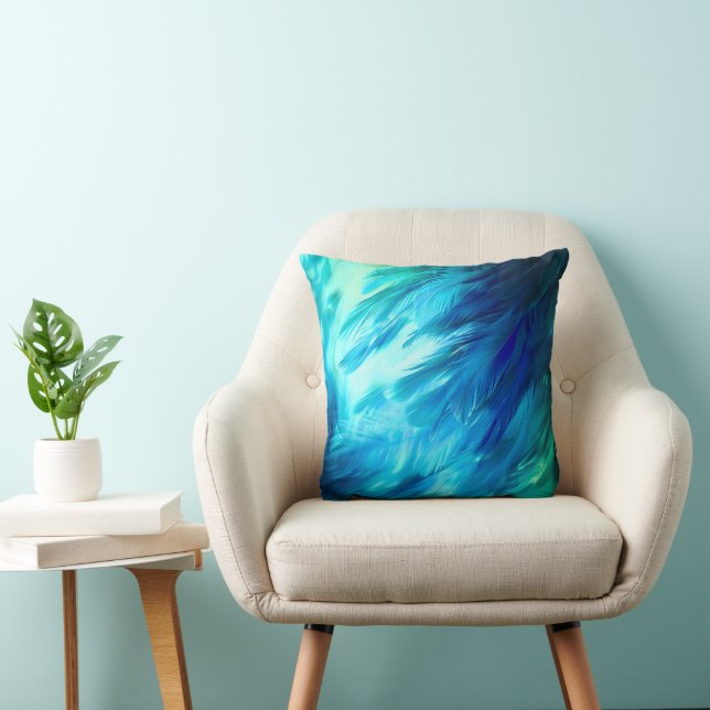 Blue Green Feather Abstract Throw Pillow (Chair)