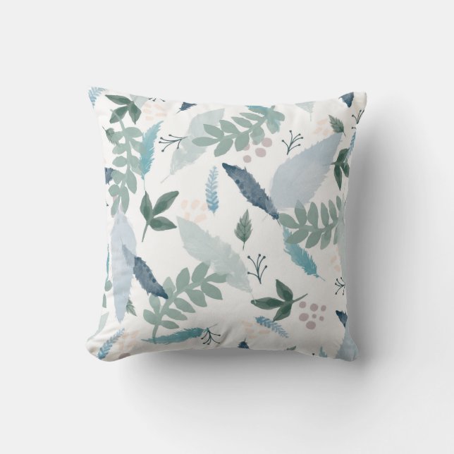 Blue Green Feather Leaves Pattern Throw Pillow (Front)