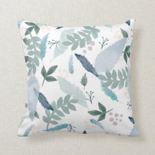 Blue Green Feather Leaves Pattern Throw Pillow