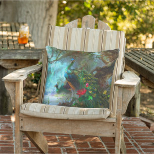 Blue Green Feather Peacock Bird Flower Patio Outdoor Pillow