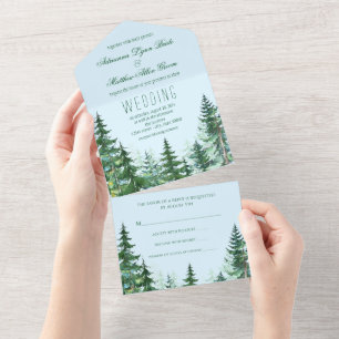 Blue Green Fir Tree All in One Wedding Invitation