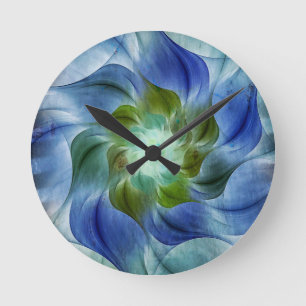 Blue Green Flame Fractal Flower  Round Clock