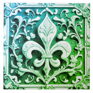 Blue Green Fleur de Lis Tile