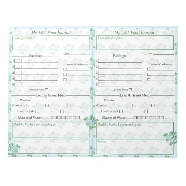 Blue | Green Floral 5 and 1 Food Journal Pages Notepad (Front)