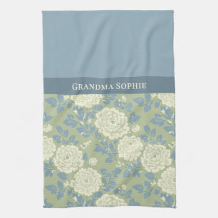 Blue Green Floral Block Print Kitchen Towel
