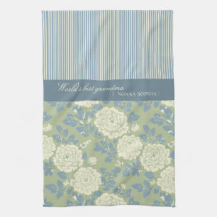 Blue Green Floral Block Print w Blue Stripes Kitchen Towel