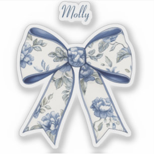 Blue Green Floral Bow with Name Vinyl Sticker