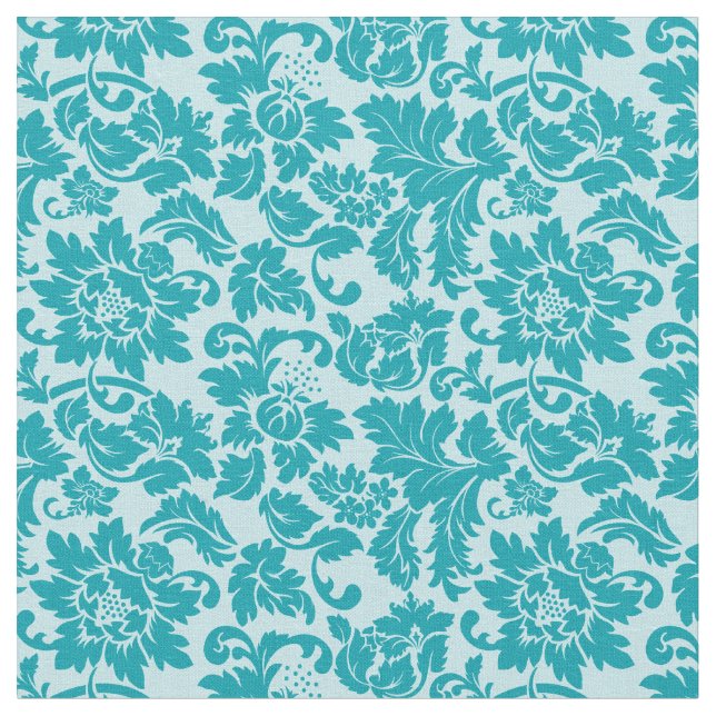 Blue Green Floral Damask Pattern Fabric (Close Up)