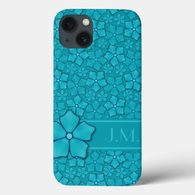 Blue green floral design Monogram Initials Case-Mate iPhone Case (Back)