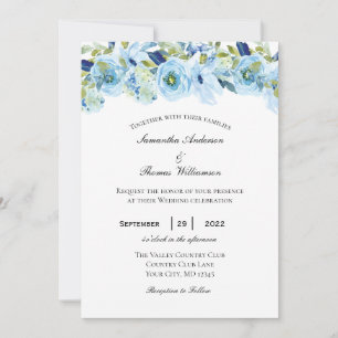 Blue Green Floral Elegant Formal Wedding Invitation
