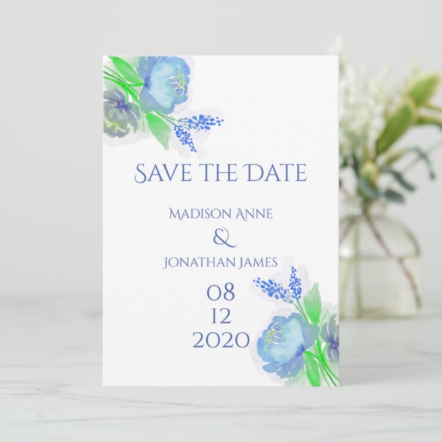 Blue & Green Floral Elegant Personalized Pretty Save The Date (Standing Front)