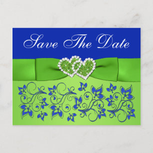 Blue, Green Floral, Hearts Save the Date Postcard