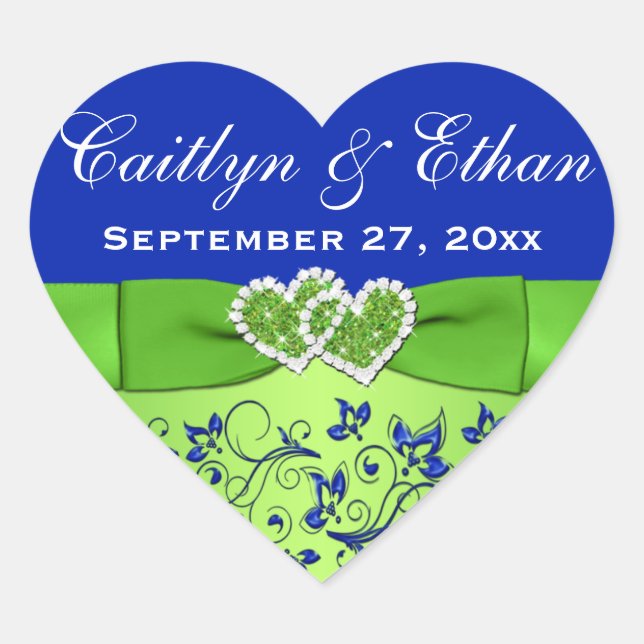 Blue, Green Floral, Hearts Wedding Favour Sticker (Front)