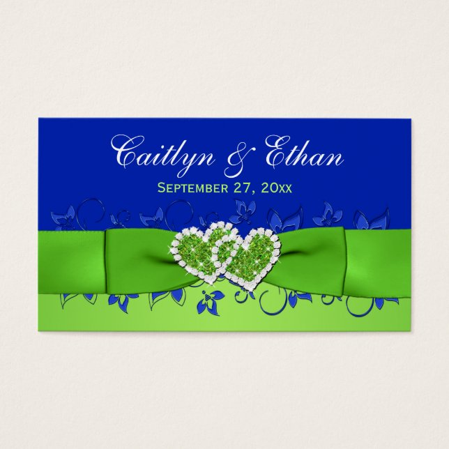Blue, Green Floral, Hearts Wedding Favour Tag (Front)