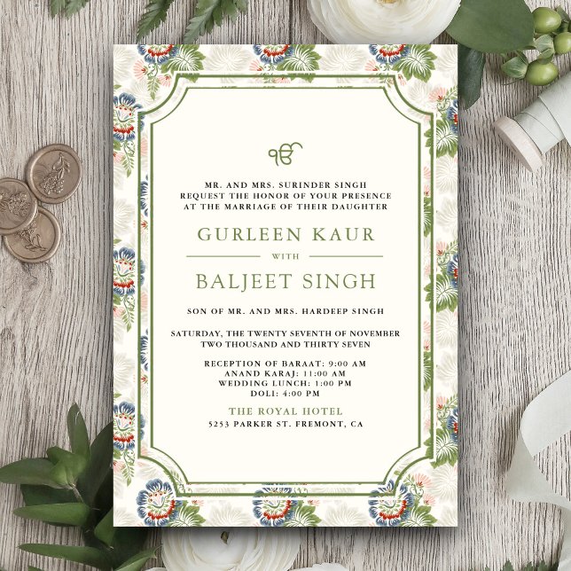 Blue Green Floral Ikat Anand Karaj Sikh Wedding Invitation (Creator Uploaded)