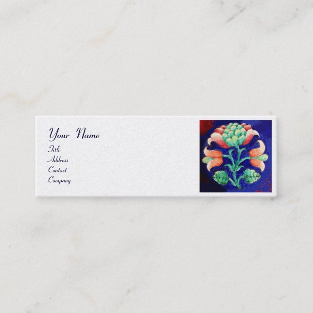 BLUE GREEN FLORAL Stylized Pink Flower White Pearl Mini Business Card (Front)