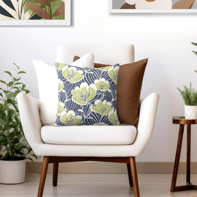 Blue Green Floral Throw Pillow (Elevate your room & decor with an elegant MCM floral throw pillow from Wild on Flowers.)