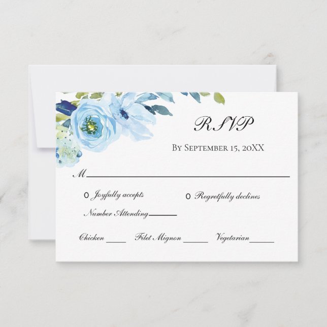Blue Green Floral Traditional Wedding RSVP Card (Front)