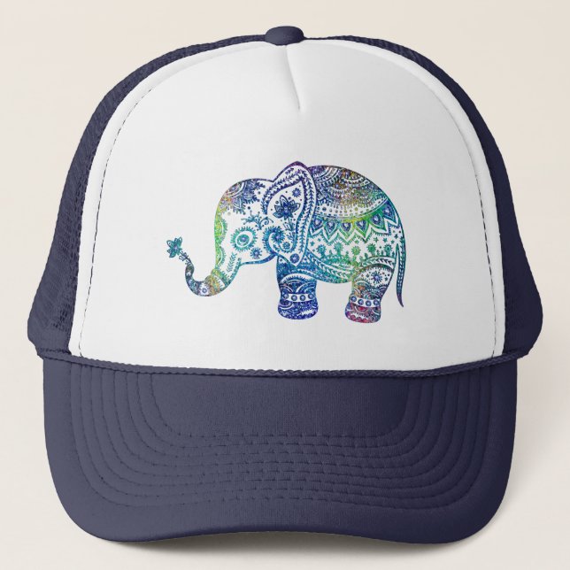 Blue-green floral tribal elephant trucker hat (Front)