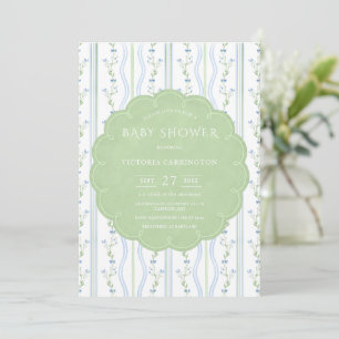 Blue & Green Floral Vintage Baby Shower Invitation