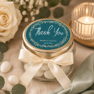 Blue Green Floral Wedding Oval Sticker