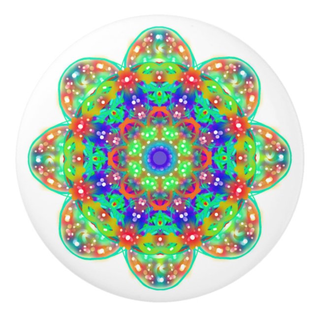 Blue Green Flower Mandala Boho Ceramic Knob (Front)