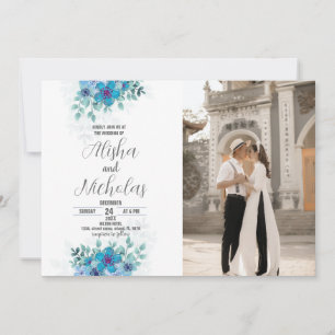 Blue Green Flower Wedding Invitations with photo