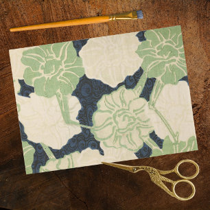 Blue Green Flowers in Ukiyo-e Woodblock Print Tissue Paper