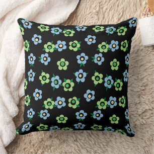 Blue green flowers on black background retro throw pillow