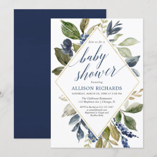 Blue green foliage boy baby shower geometric invitation