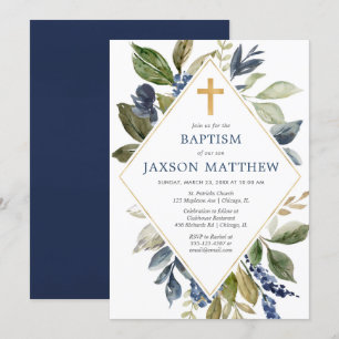 Blue green foliage boy baptism greenery invitation