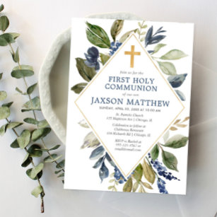 Blue green foliage boy first holy communion invitation