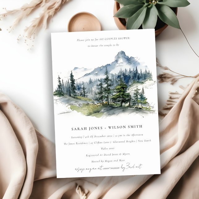 Blue Green Forest Landscape Sketch Couples Shower Invitation (Creator Uploaded)