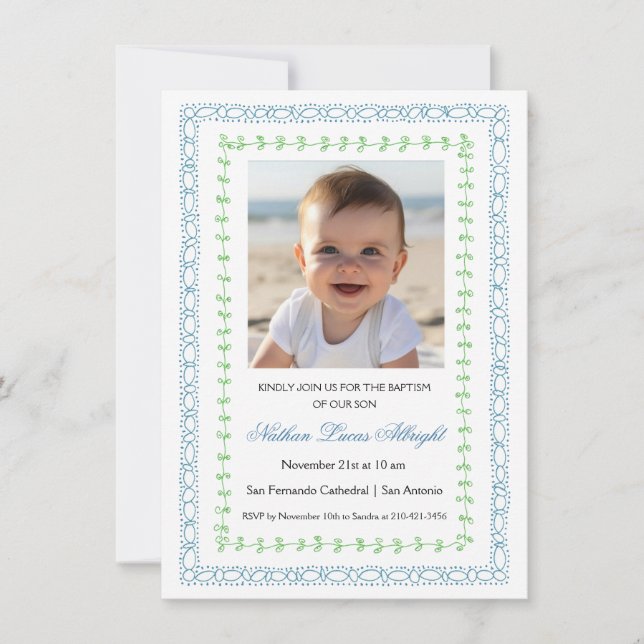 Blue Green Frame Simple Baptism Invitation (Front)