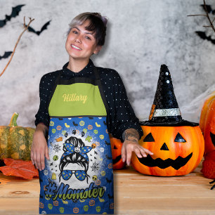 Blue Green Funny Halloween Momster  Apron