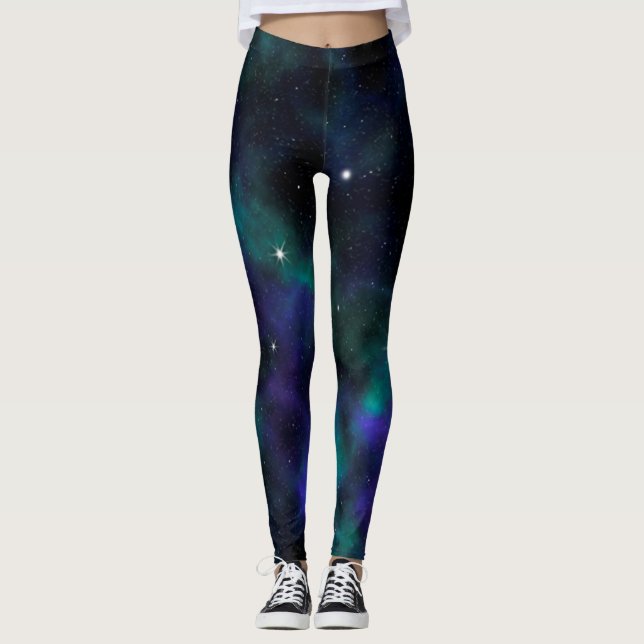 Blue Green Galaxy Celestial Space Leggings (Front)