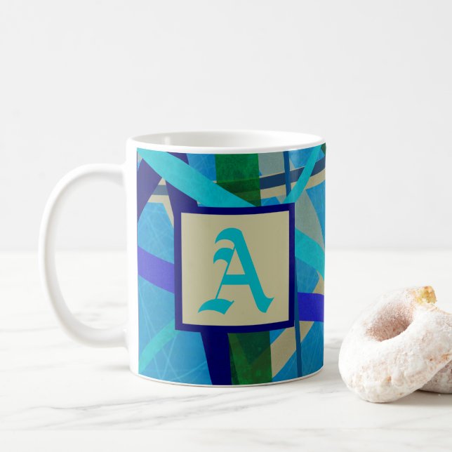 Blue & Green Geometric Pattern Monogram Coffee Mug (With Donut)