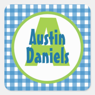 Blue Green Gingham Monogram Personalized Stickers